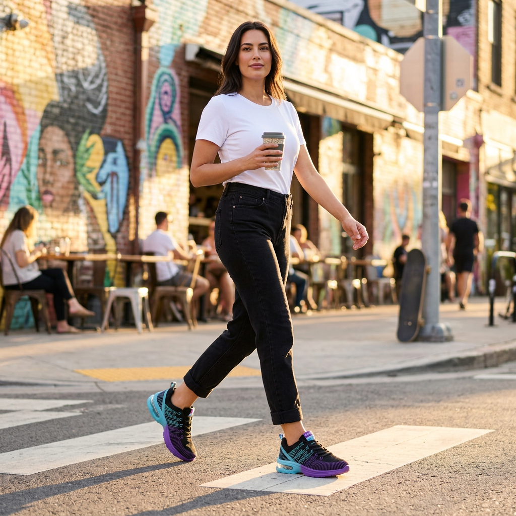 Frau trägt Sneaker Schwarz-Lila im urbanen Streetstyle-Look