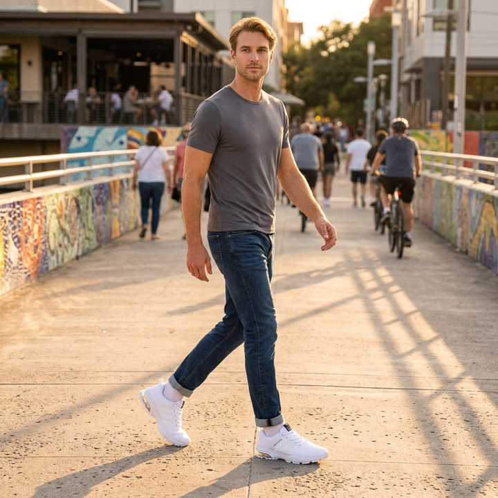 Weißer Sneaker beim Spazieren, Lifestyle-Aufnahme