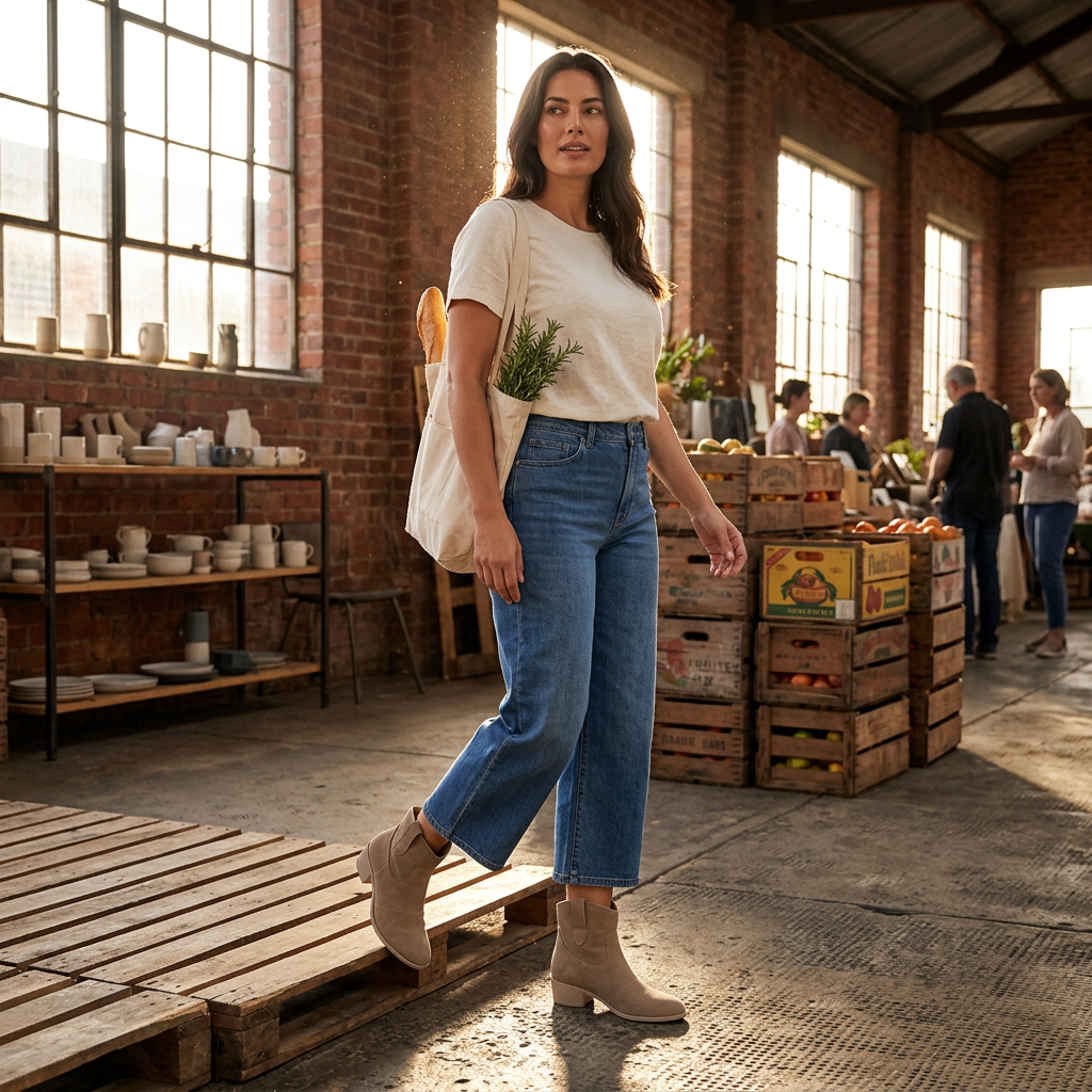 Stiefelette Taupe im Streetstyle mit weiter Jeans kombiniert