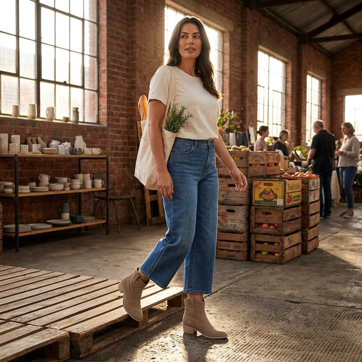 Stiefelette Taupe im Streetstyle mit weiter Jeans kombiniert