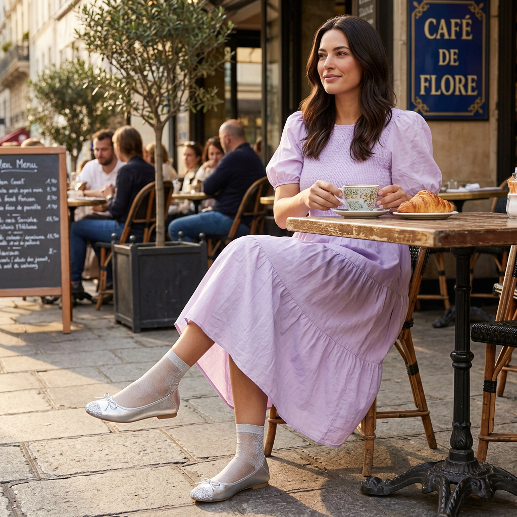 Getragen zu Kleid an Café-Tisch in Paris