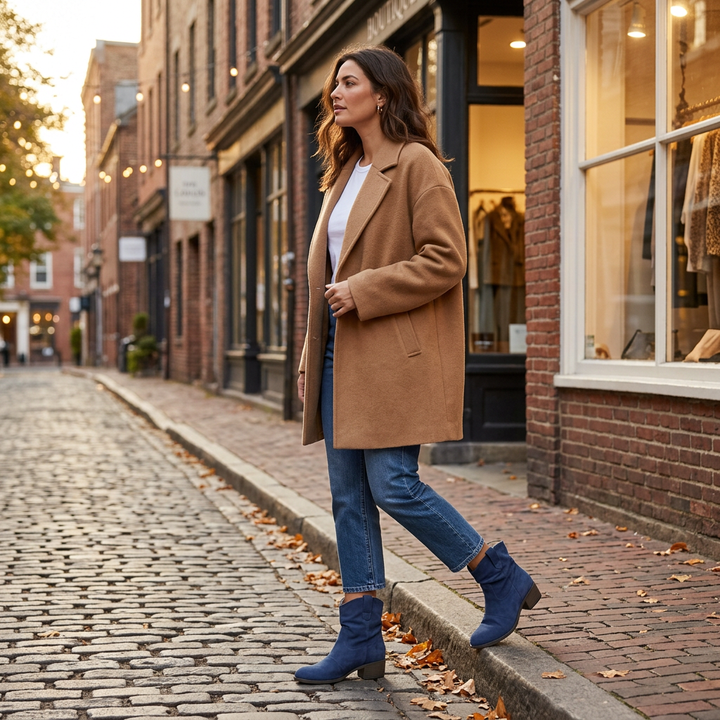 Stiefelette Hellblau im Streetstyle mit Jeans und Mantel