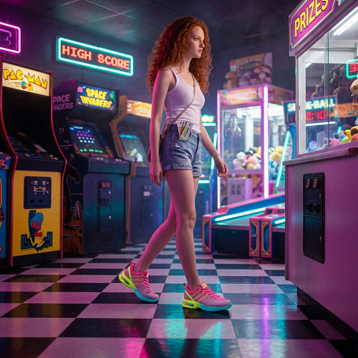 Frau trägt Sneaker Pink-Grün in bunt beleuchteter Spielhalle