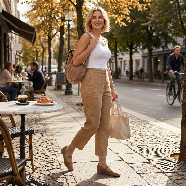 Frau trägt braune Mary-Jane-Ballerinas im Café-Straßenlook