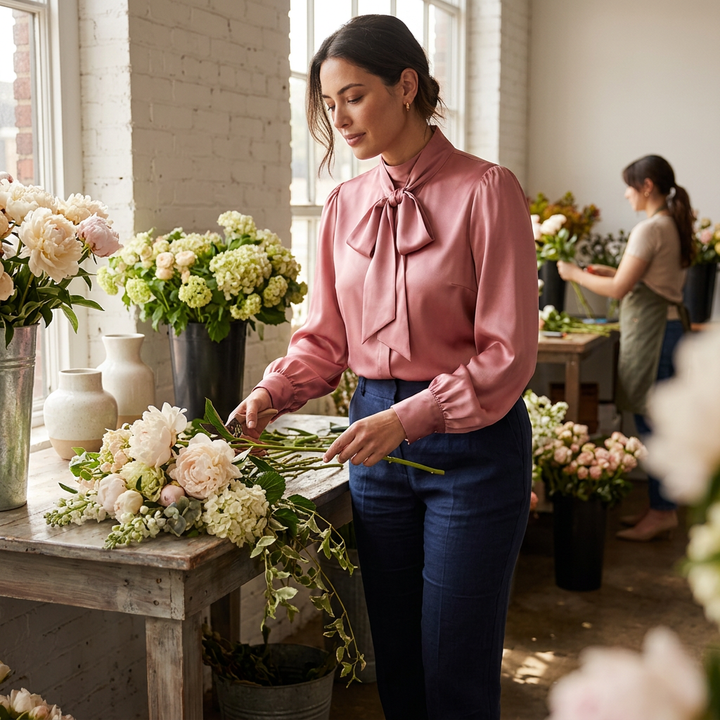 Schluppenbluse Rosa im Styling-Look im Blumenladen