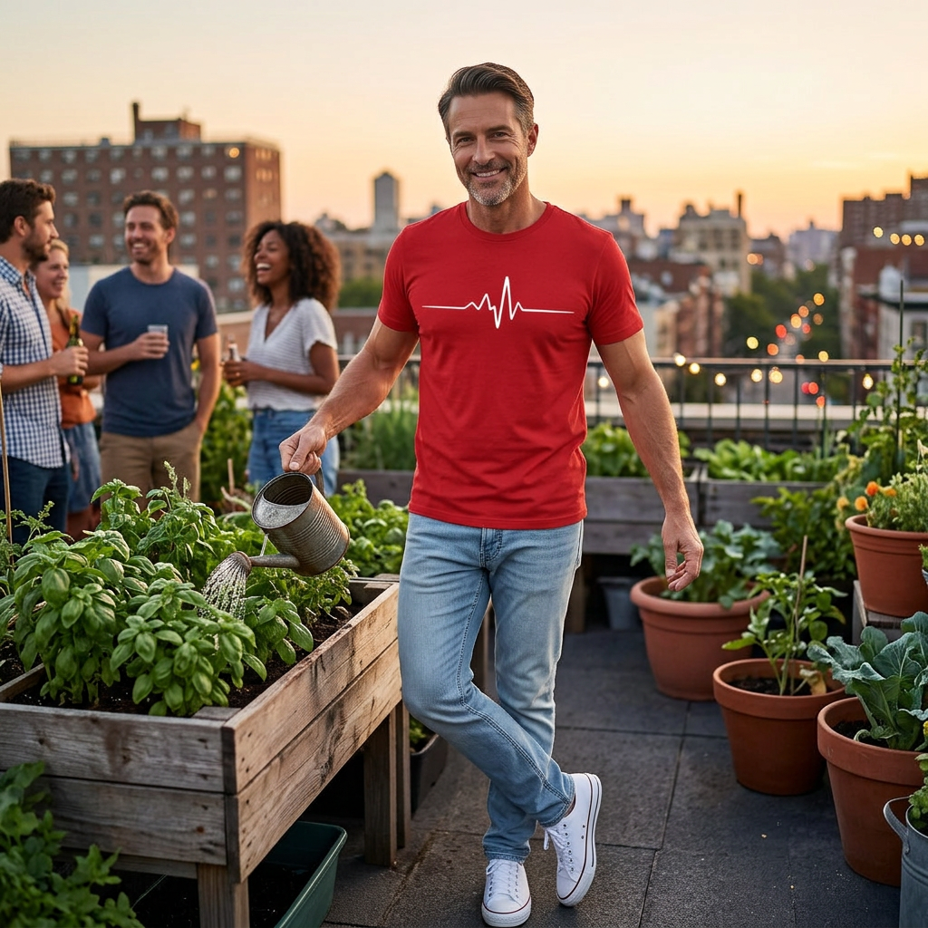 Rotes T-Shirt mit Pulslinien-Print, Lifestyle-Aufnahme auf Dachterrasse