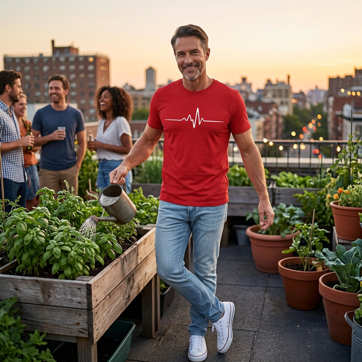 Rotes T-Shirt mit Pulslinien-Print, Lifestyle-Aufnahme auf Dachterrasse
