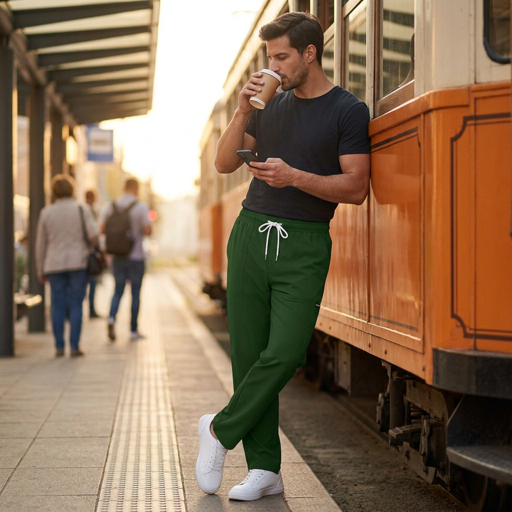Freizeithose Herren dunkelgrün im Streetstyle-Look mit Kaffeebecher