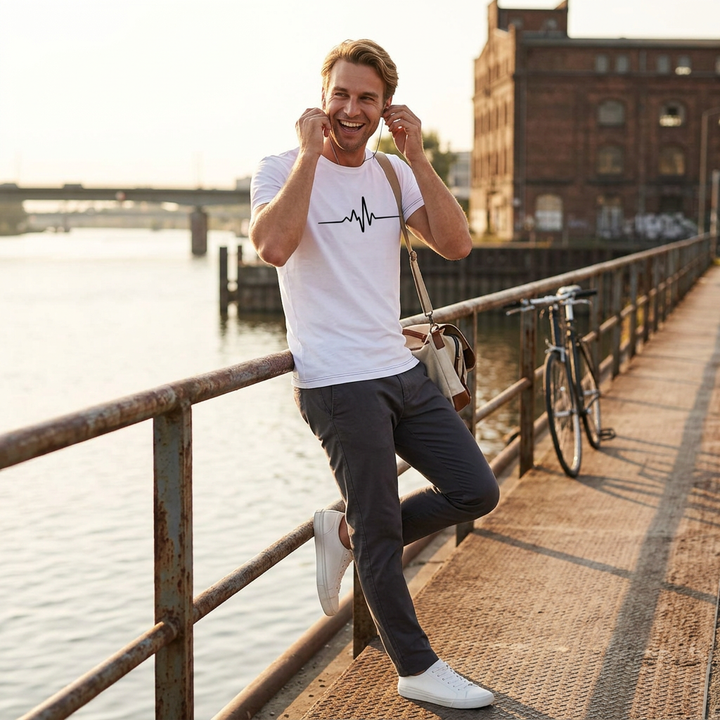 Weißes T-Shirt mit Pulslinien-Print, Lifestyle-Aufnahme am Hafen