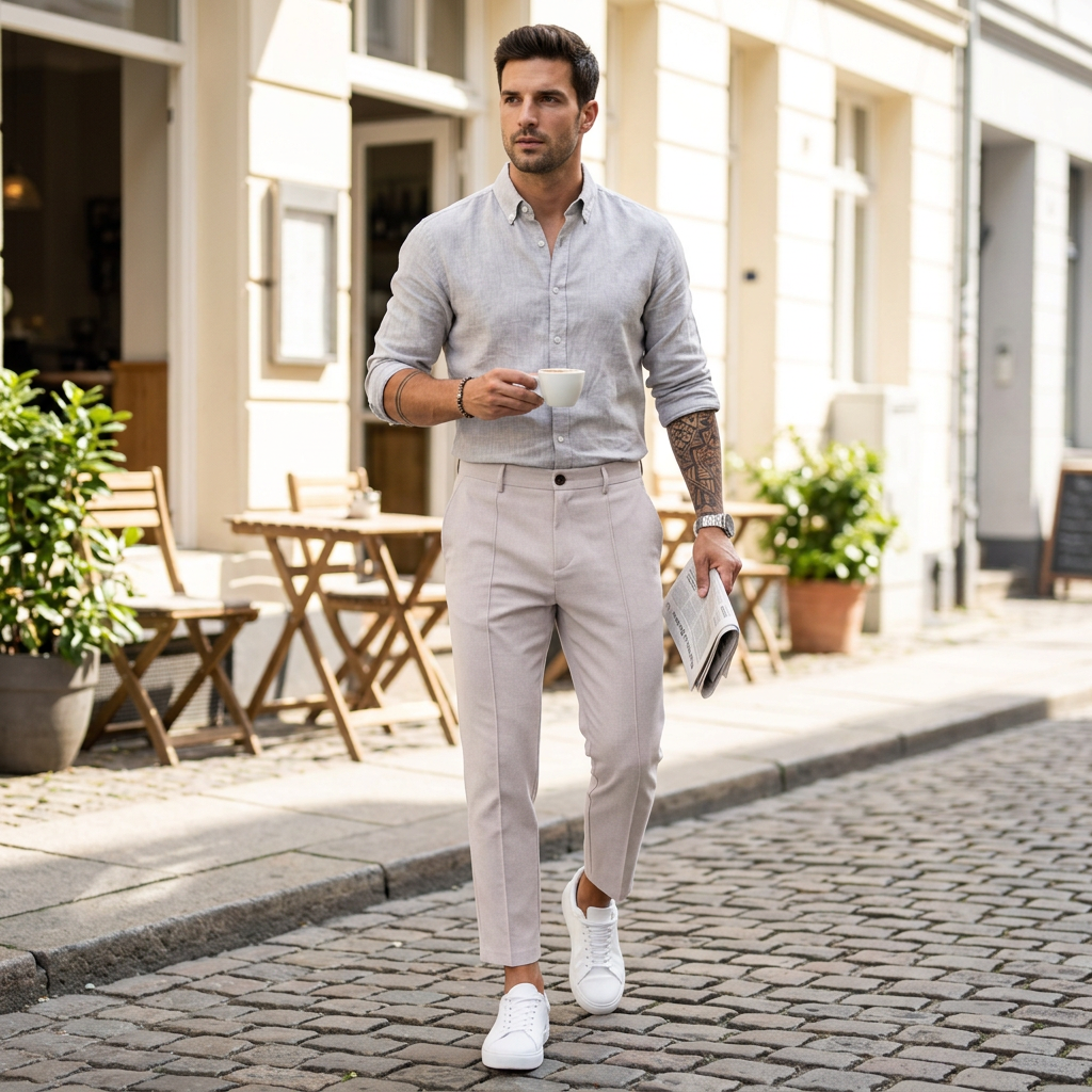Hellgraue Chinohose im Streetstyle-Look kombiniert mit Hemd