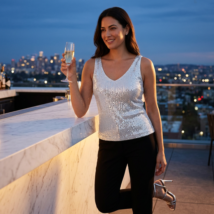 Pailletten-Top silber im Outfit, Styling an der Bar