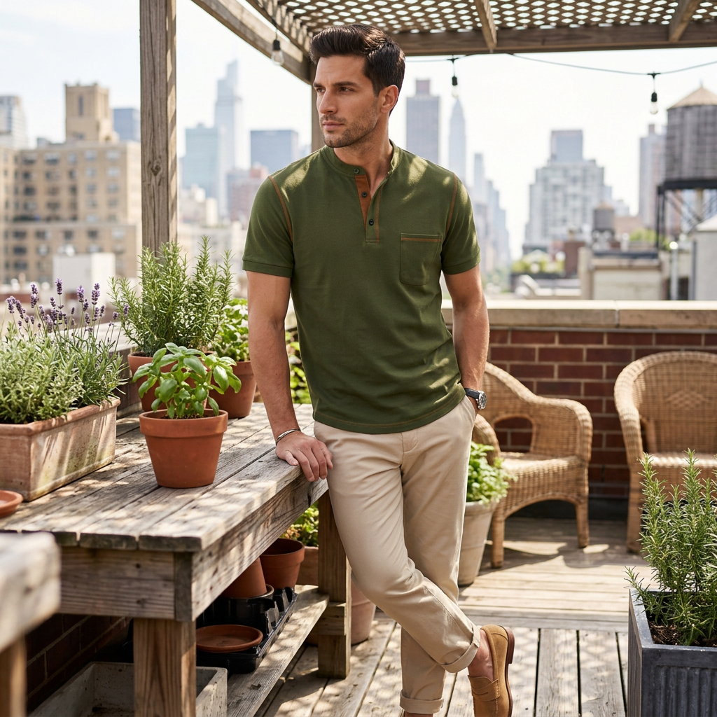 Poloshirt Olivgrün im urbanen Look auf Dachterrasse