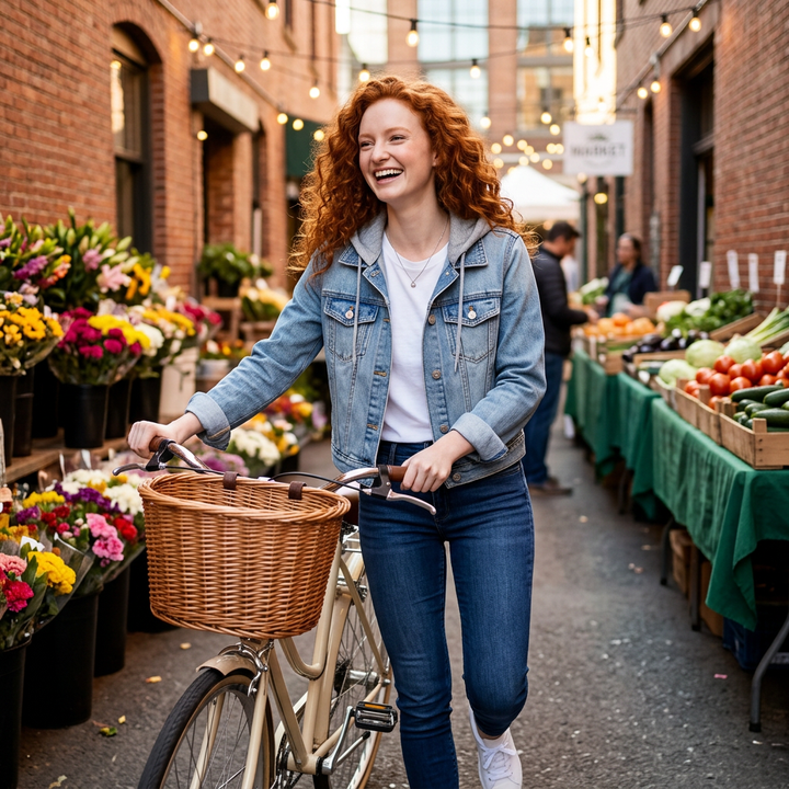 Hellblaue Jeansjacke im Streetstyle-Look beim Stadtbummel