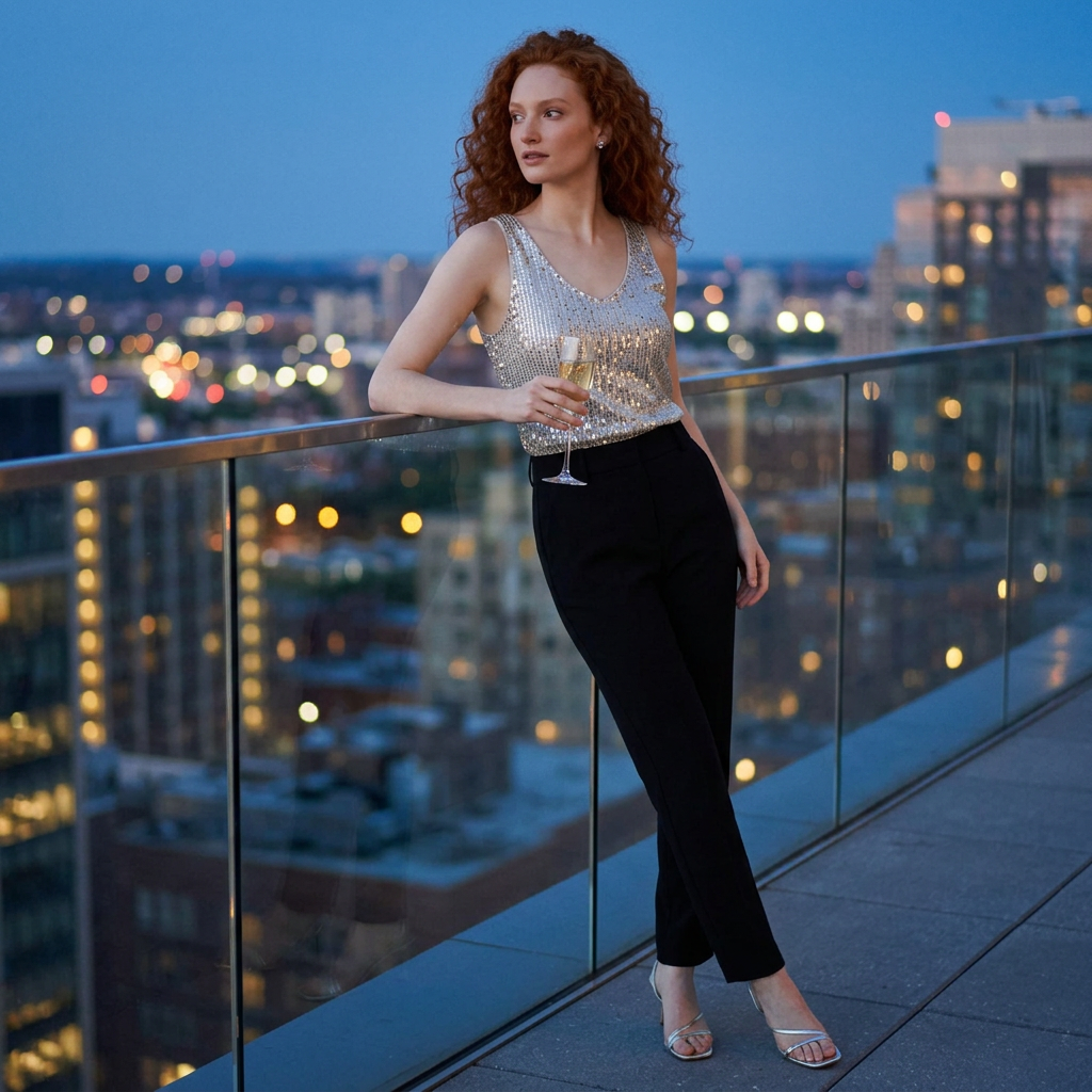 Pailletten-Top cremefarben im Outfit, Styling auf Dachterrasse