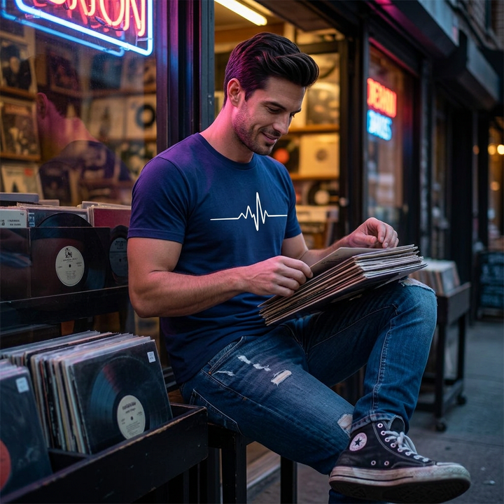 Dunkelblaues T-Shirt mit Pulslinien-Print, Lifestyle-Aufnahme im Plattenladen