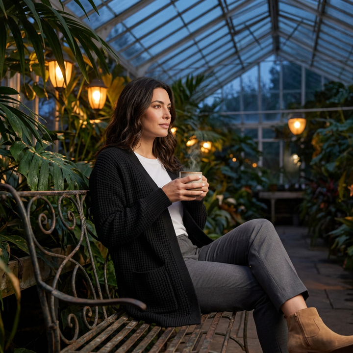 Damen Cardigan in Schwarz, Styling-Look im Gewächshaus