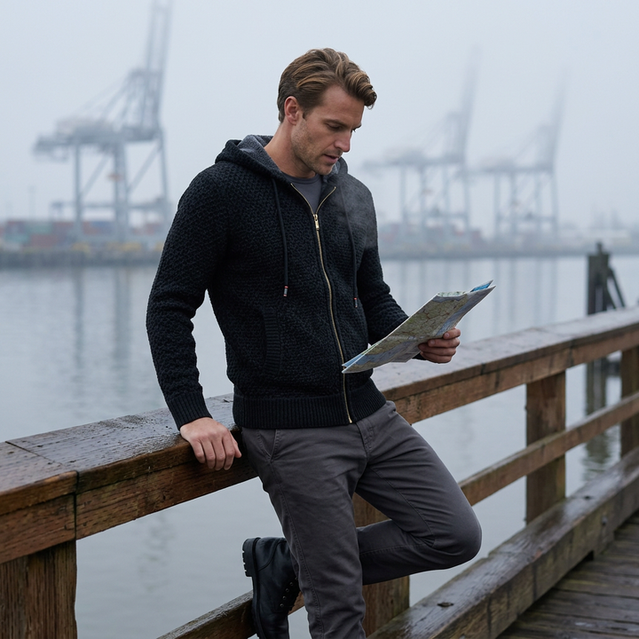 Herren Strickjacke in Schwarz, Styling-Look am Hafen