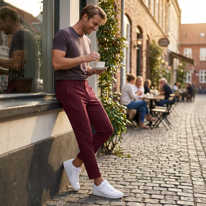Bordeauxrote Chinohose im Streetstyle-Look, Model lehnt an Café-Fassade