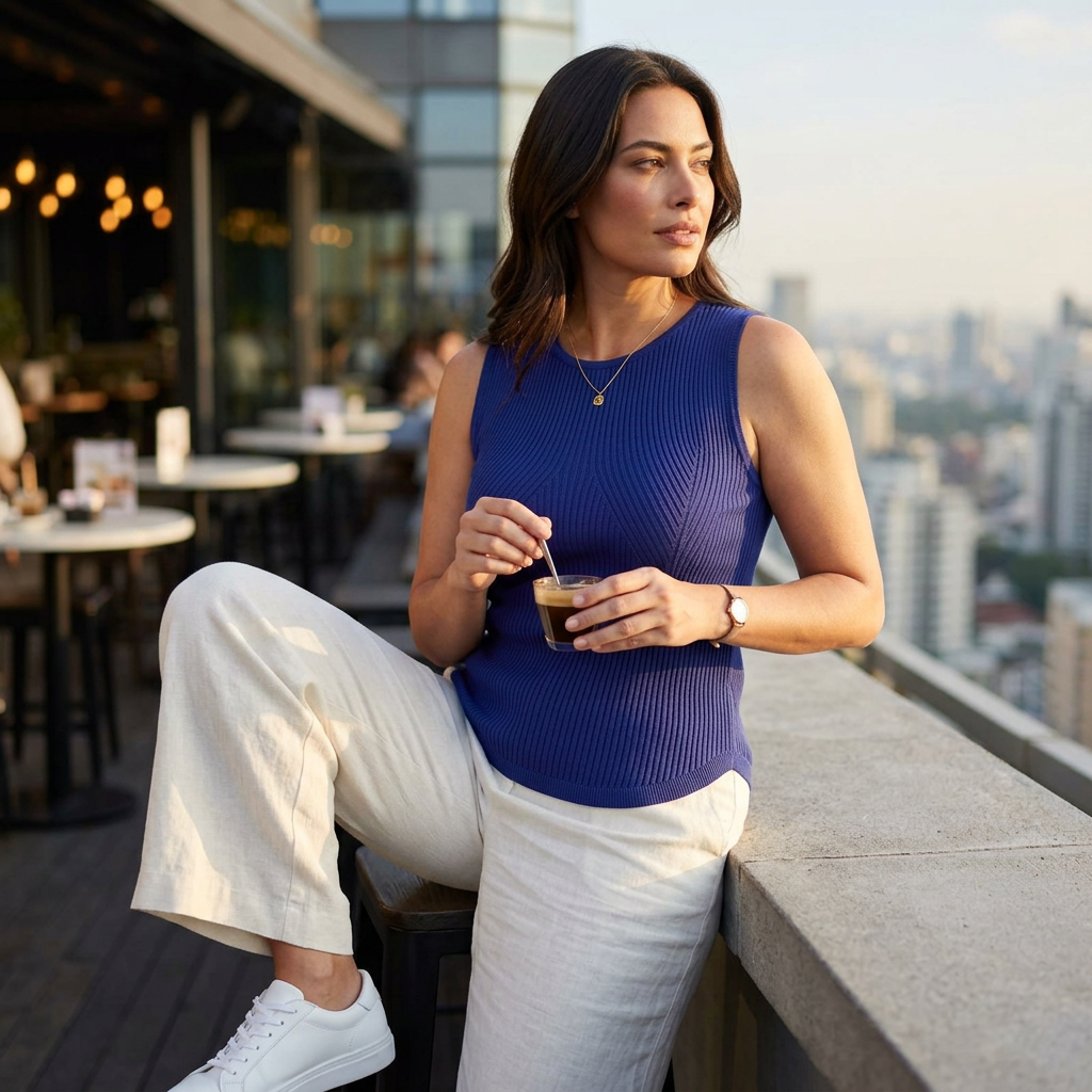 Model trägt dunkelblaue Strickweste im Rooftop-Look