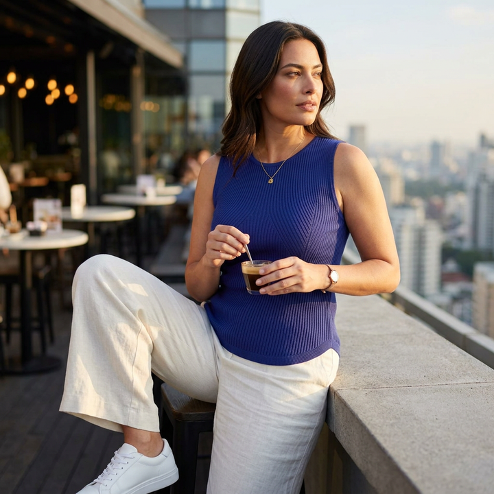 Model trägt dunkelblaue Strickweste im Rooftop-Look