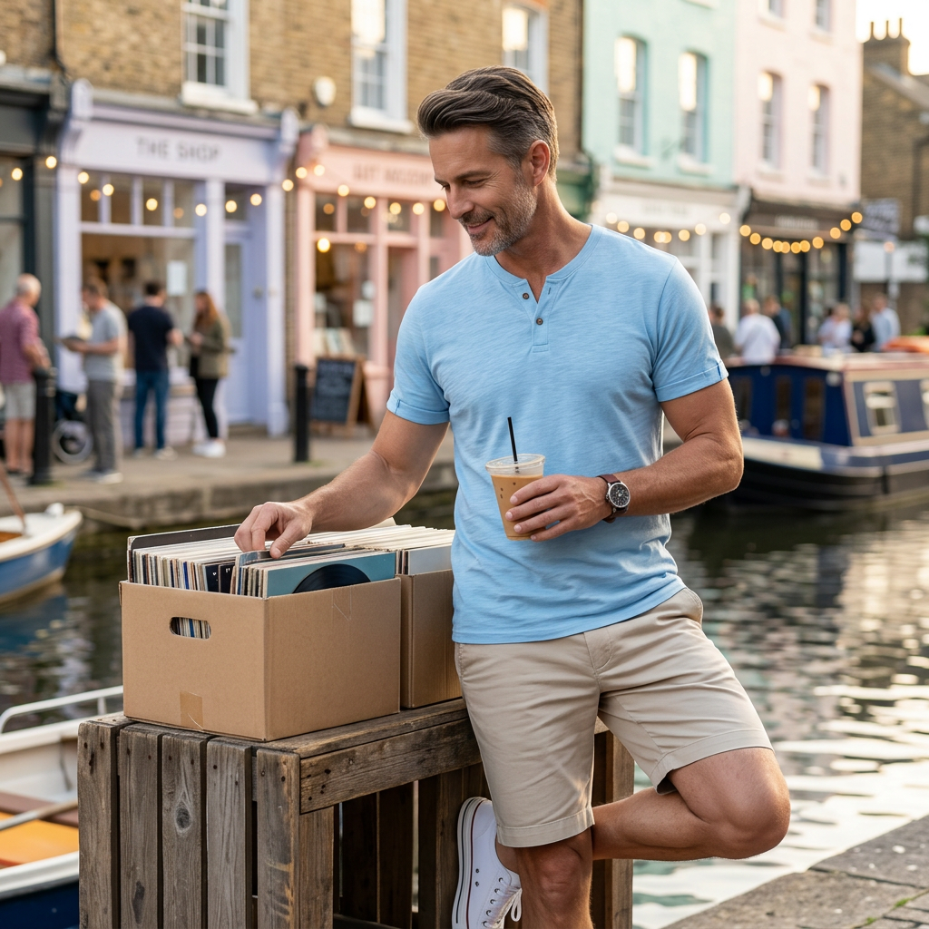 Herren Henley-Shirt in Hellblau im Freizeit-Look am Kanal