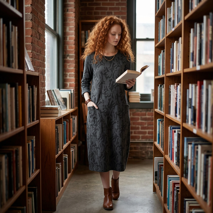Graues Midikleid mit Taschen, Styling-Szene in einer Bibliothek