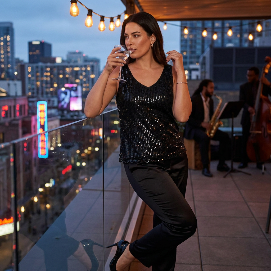 Pailletten-Top schwarz im Outfit, Styling bei Abendveranstaltung