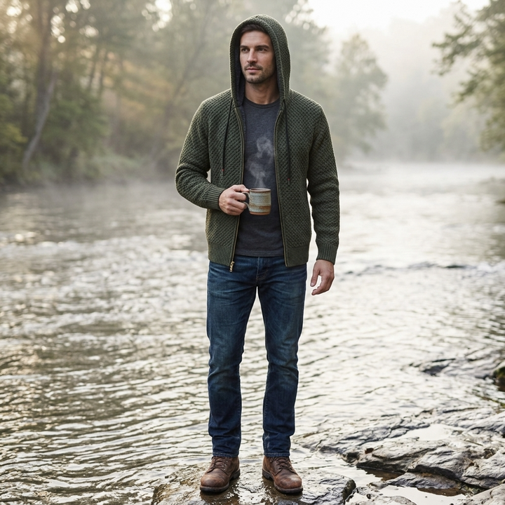 Herren Strickjacke in Olivgrün, Styling-Look am Fluss