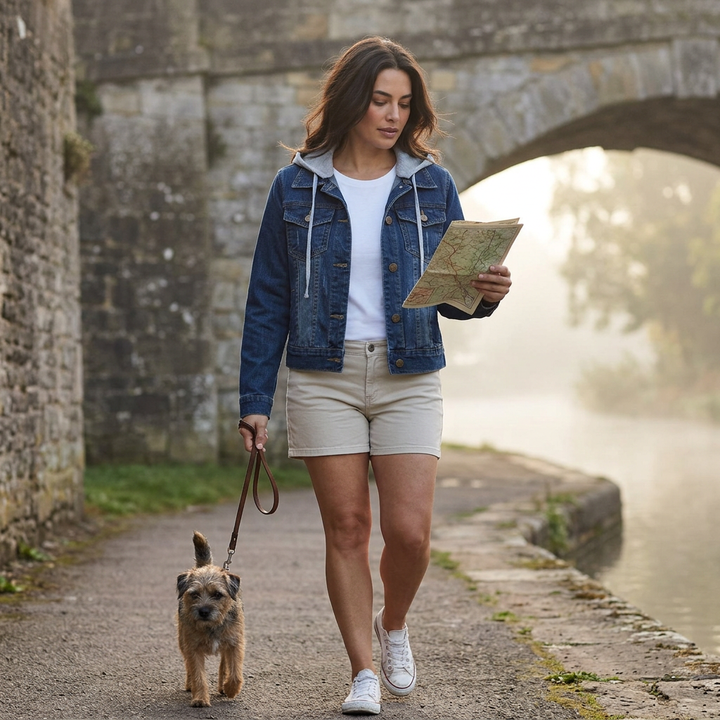 Dunkelblaue Jeansjacke im Freizeit-Look beim Spaziergang