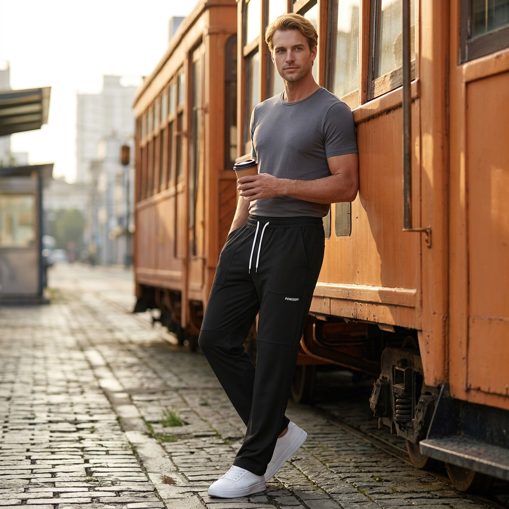 Freizeithose Herren schwarz im Streetstyle-Look an historischer Tram