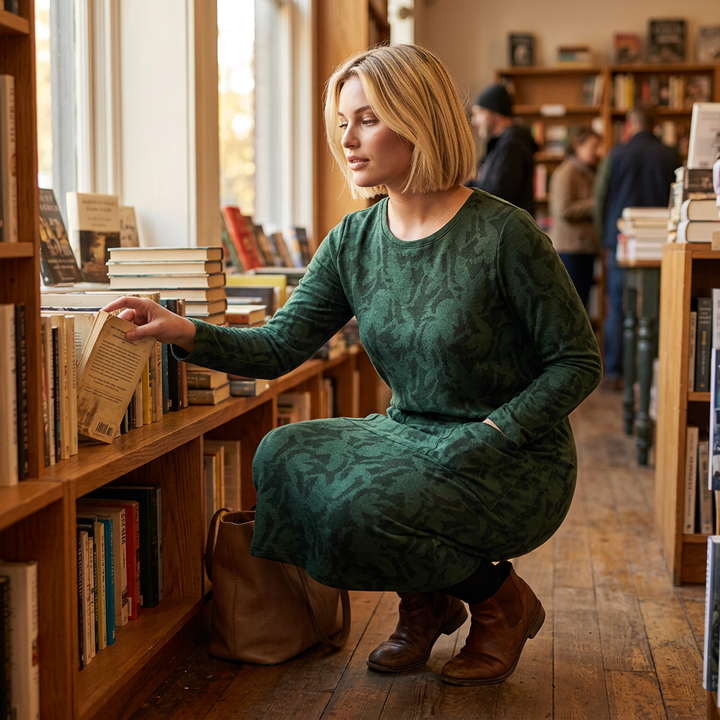 Grünes Midikleid mit Taschen, Styling-Szene in einer Buchhandlung