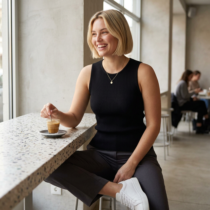 Model trägt schwarze Strickweste im Café-Look mit grauer Hose