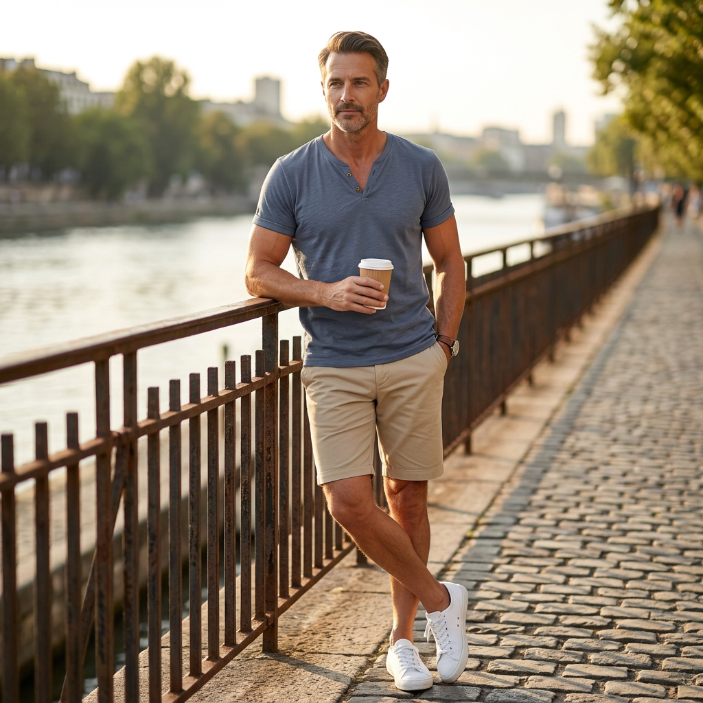 Herren Henley-Shirt in Blaugrau im Freizeit-Look am Fluss