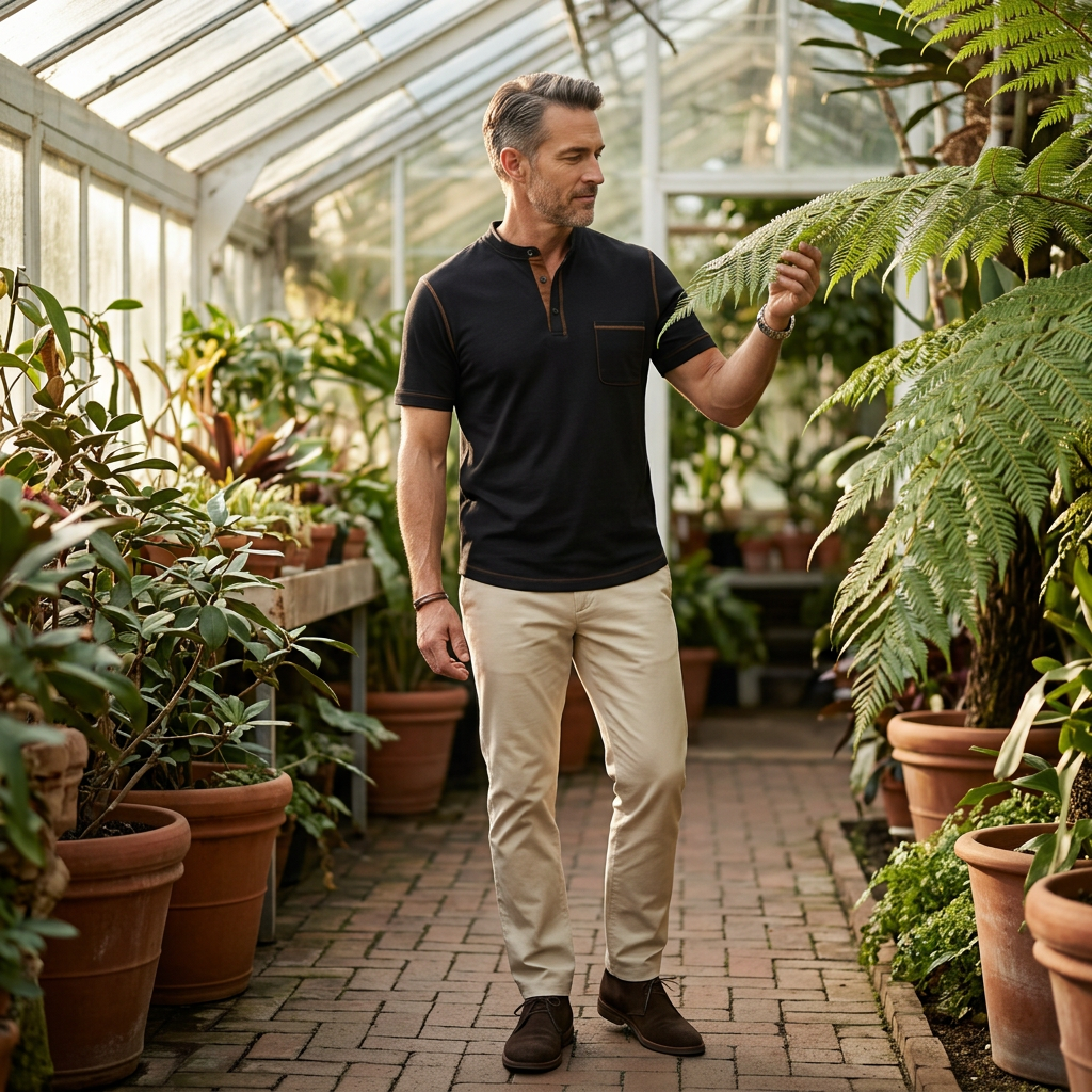 Poloshirt Schwarz im Freizeit-Look im Gewächshaus