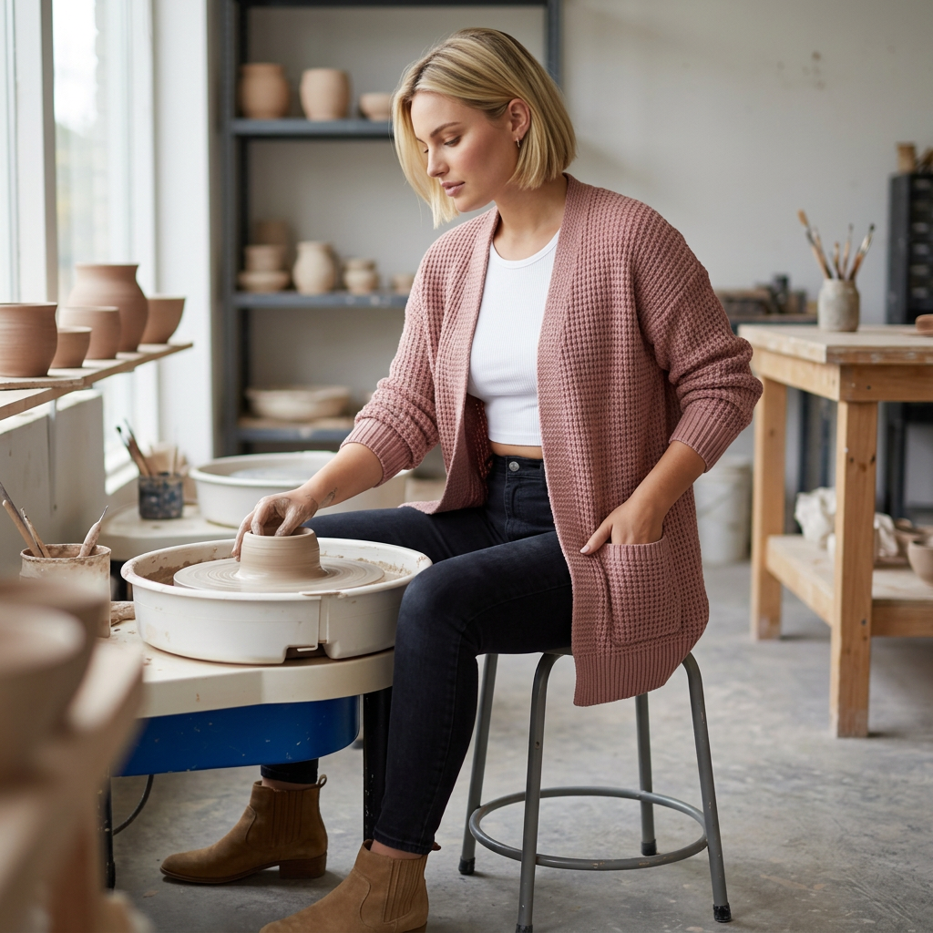 Damen Cardigan in Rosa, Styling-Look im Keramikatelier