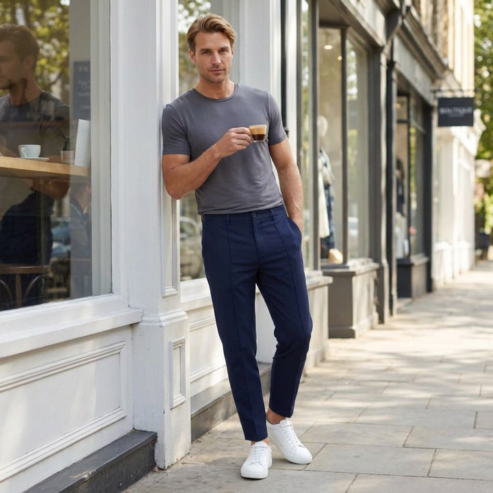 Dunkelblaue Chinohose im Streetstyle-Look, Model lehnt an Schaufenster