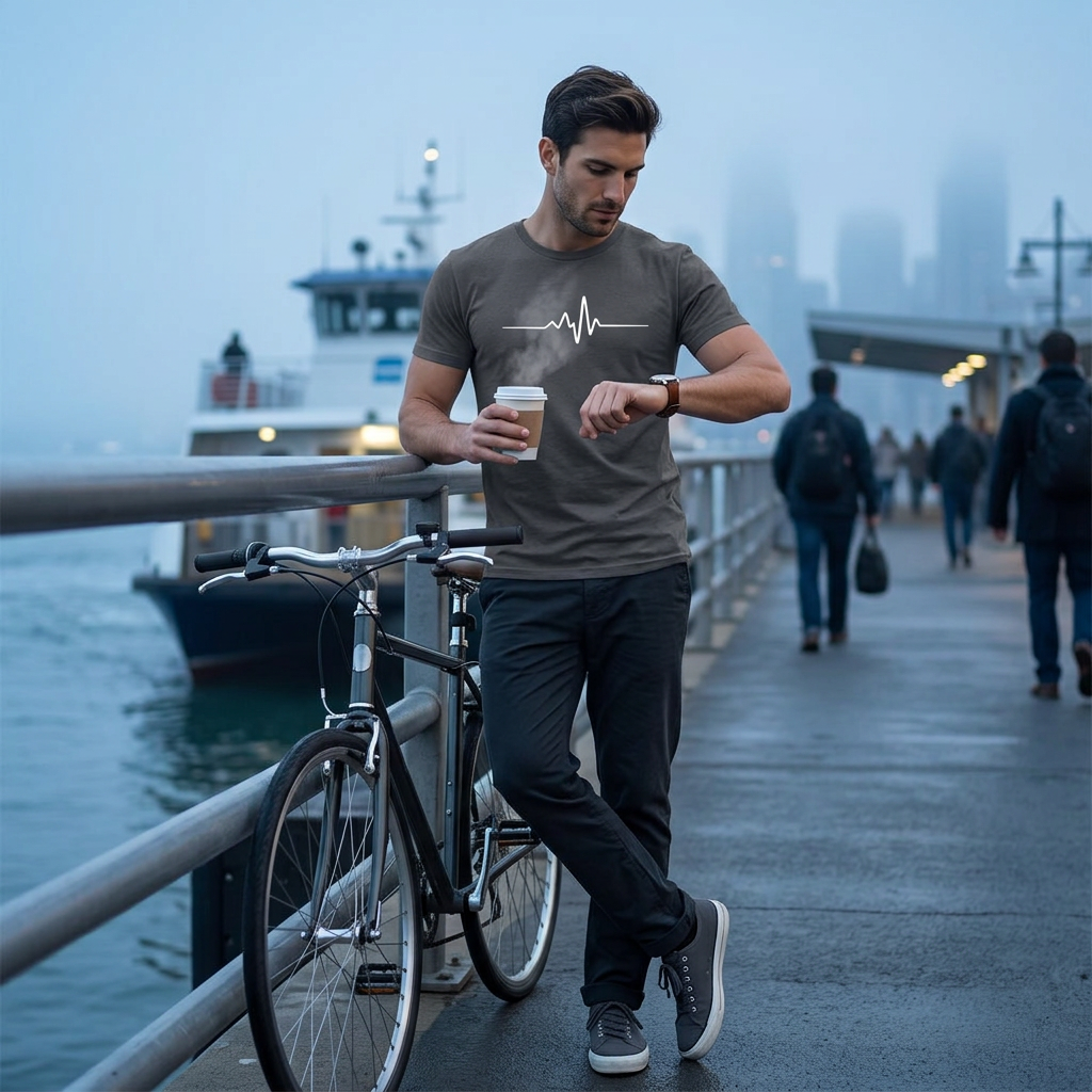 Graues T-Shirt mit Pulslinien-Print, Lifestyle-Aufnahme in der Stadt