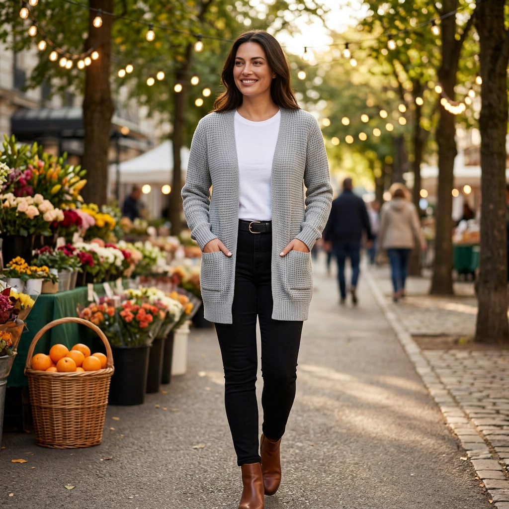 Damen Cardigan in Grau, Styling-Look auf einem Straßenmarkt