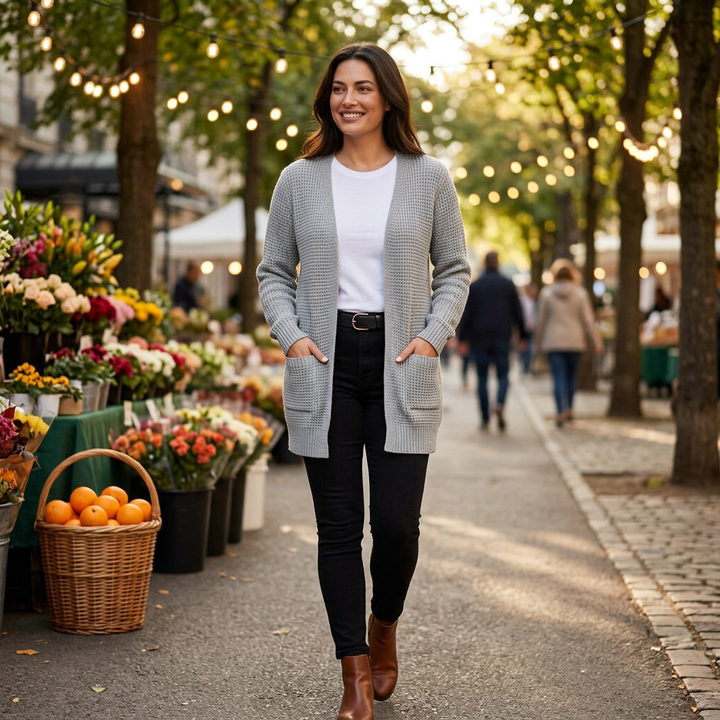 Damen Cardigan in Grau, Styling-Look auf einem Straßenmarkt