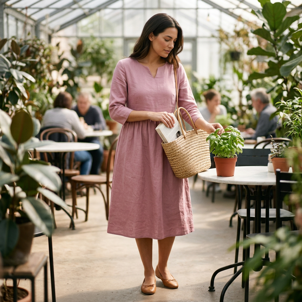 Midikleid im Styling-Look im Gewächshaus-Café mit Korbtasche