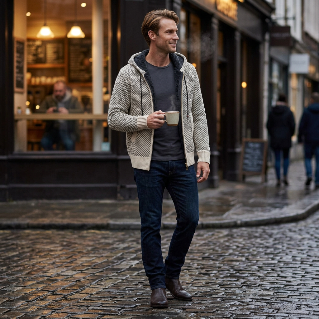 Herren Strickjacke in Beige, Styling-Look in der Stadt