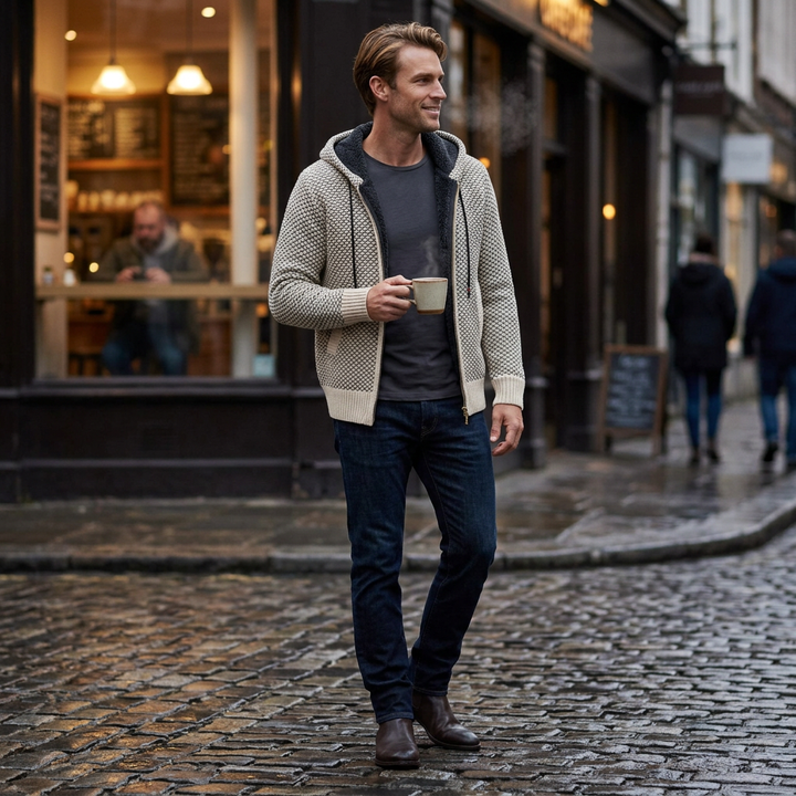 Herren Strickjacke in Beige, Styling-Look in der Stadt