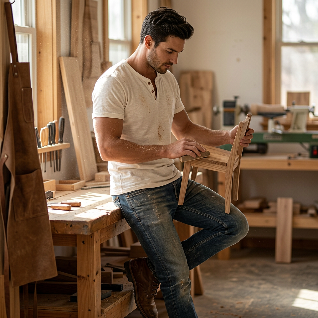Herren Henley-Shirt in Cremeweiß in der Werkstatt getragen