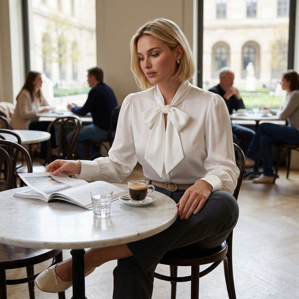 Schluppenbluse Weiß im Styling-Look im Café