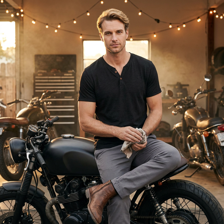 Herren Henley-Shirt in Schwarz im Werkstatt-Look