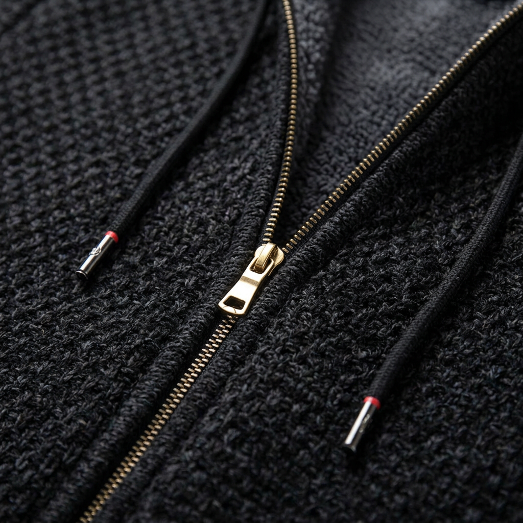Herren Strickjacke in Schwarz, Detail Reißverschluss und Kordelzug