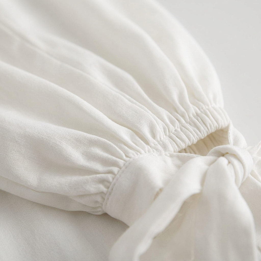 Detailaufnahme Schleifenknoten und Stoff der cremefarbenen Hose