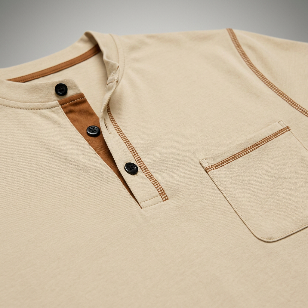 Nahaufnahme Henry-Kragen mit Knopfleiste in Camel, Khaki