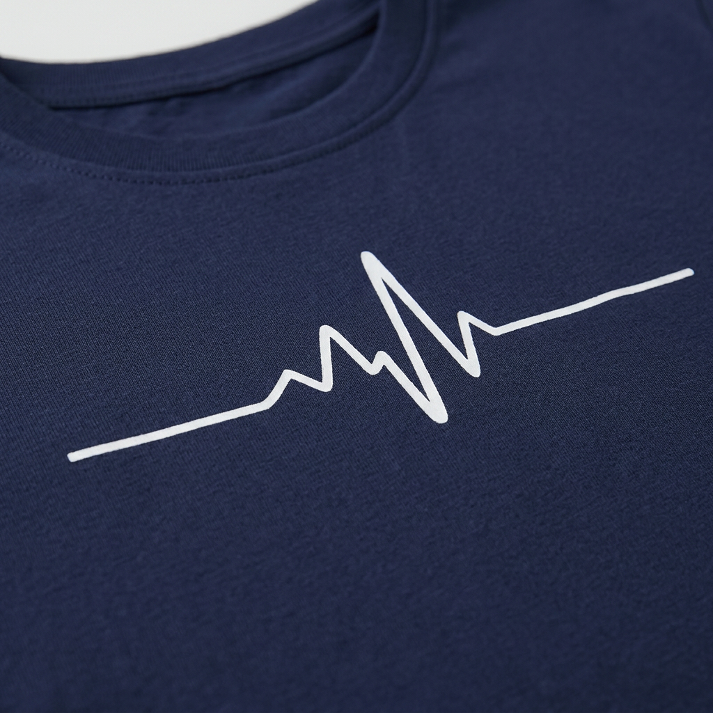 Nahaufnahme Rundhalsausschnitt mit Herzschlag-Print, dunkelblaues T-Shirt