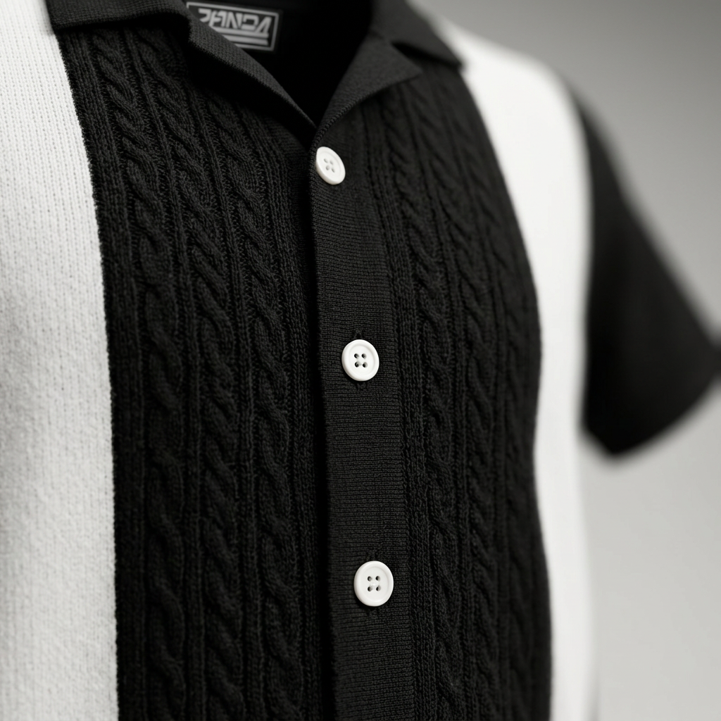 Herren Strick-Poloshirt Schwarz, Nahaufnahme Zopfmuster und Knopfleiste